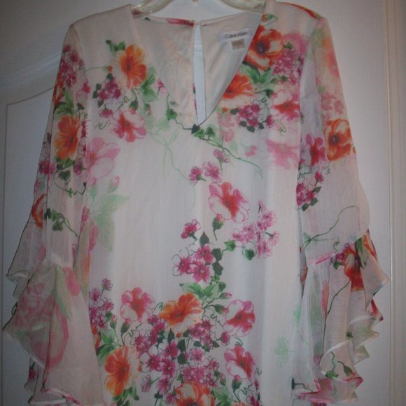 Calvin Klein Womens Dress 8 White Colorful Watercolor Floral Flowy Lined Casual - Picture 3 of 14